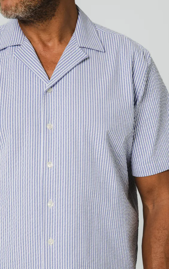 Blue & White Seersucker Cuban Collar Shirt - photo 2 Blue & White Seersucker Cuban Collar Shirt - photo 2