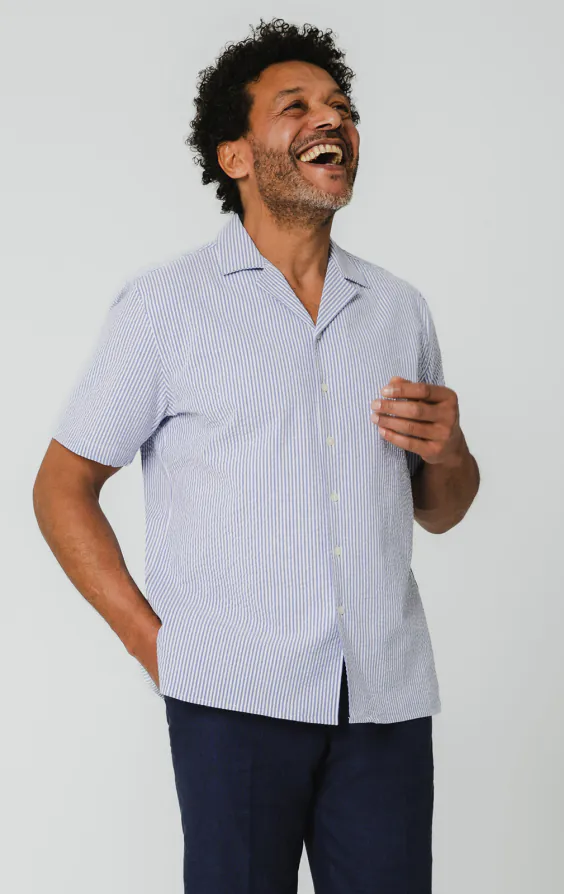 Blue & White Seersucker Cuban Collar Shirt - photo 3 Blue & White Seersucker Cuban Collar Shirt - photo 3