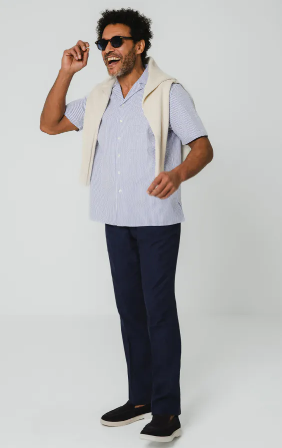 Blue & White Seersucker Cuban Collar Shirt - photo 1 Blue & White Seersucker Cuban Collar Shirt - photo 1