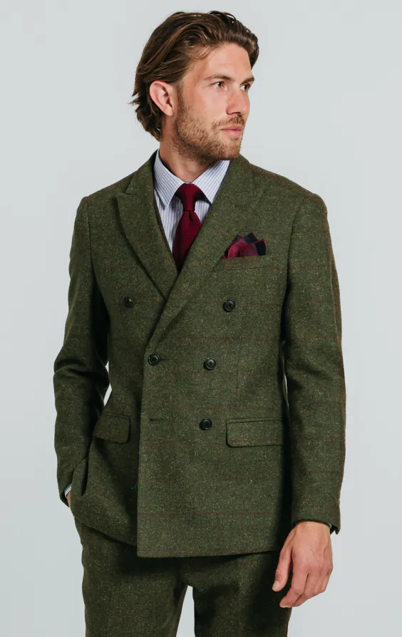 Double Breasted Green Windowpane Check Tweed Suit Double Breasted Green Windowpane Check Tweed Suit