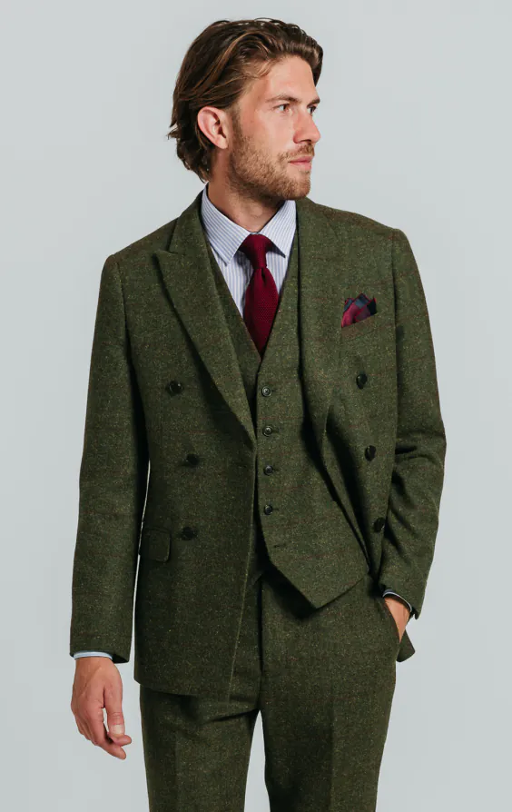 Double Breasted Green Windowpane Check Tweed 3 Piece Suit Double Breasted Green Windowpane Check Tweed 3 Piece Suit