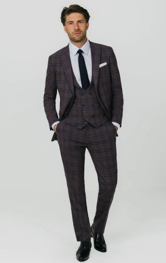Burgundy with Blue Windowpane Check 3 Piece Suit - photo 1 Burgundy with Blue Windowpane Check 3 Piece Suit - photo 1