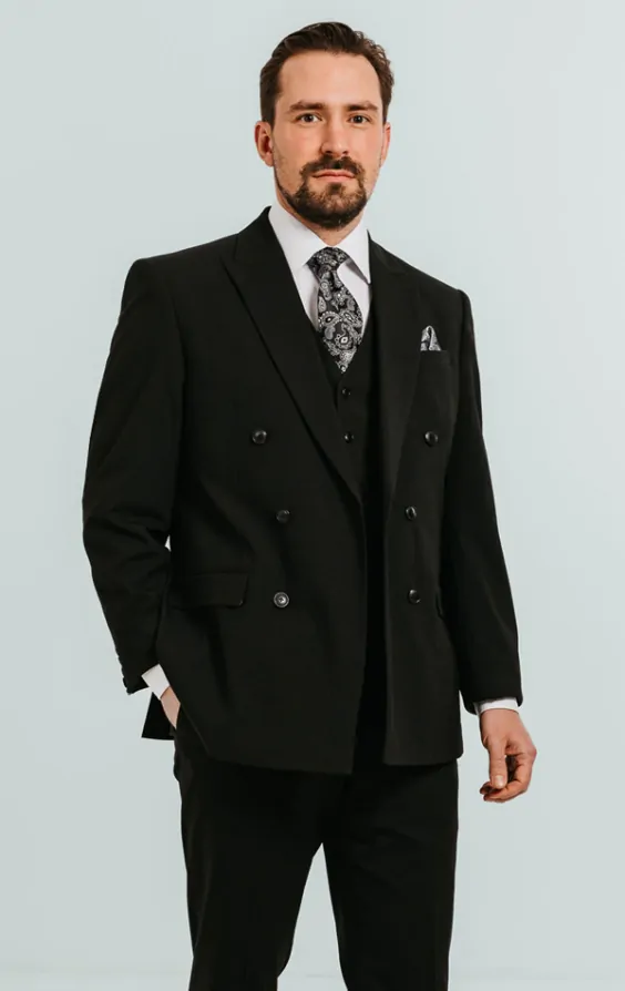 Dobell Black Double Breasted 3 Piece Suit with Peak Lapel Dobell