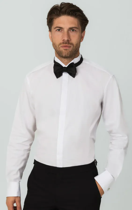 100% Cotton, Wing Collar, Plain Front, Slim Fit Tuxedo Shirt by Dobell 100% Cotton, Wing Collar, Plain Front, Slim Fit Tuxedo Shirt by Dobell