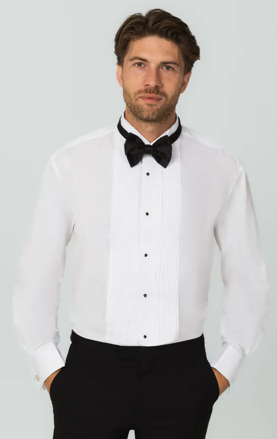 100% Cotton, Wing Collar, Stud Button Pleated Front Tuxedo Shirt by Dobell 100% Cotton, Wing Collar, Stud Button Pleated Front Tuxedo Shirt by Dobell