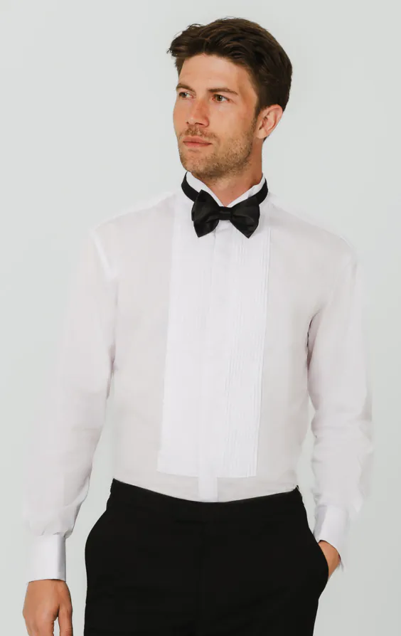 Dobell White Slim Fit Pleated Front Tuxedo Shirt with Wing Collar Dobell White Slim Fit Pleated Front Tuxedo Shirt with Wing Collar