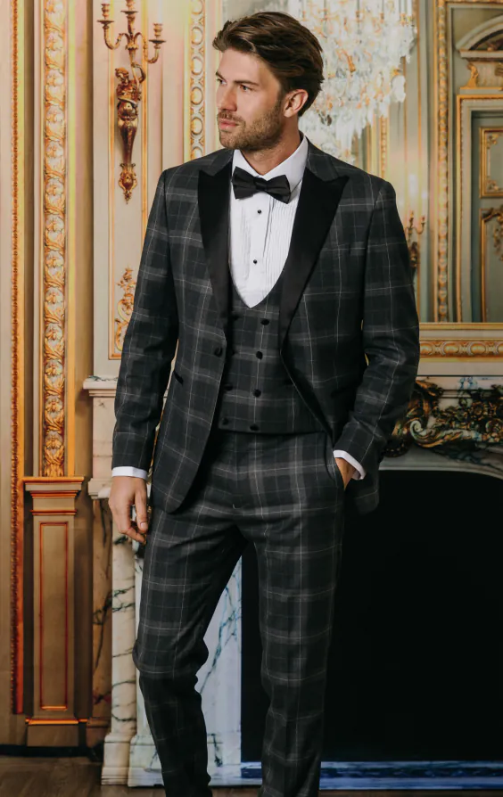 Grey Tartan Check 3 Piece Tuxedo with Peak Lapel - photo 1 Grey Tartan Check 3 Piece Tuxedo with Peak Lapel - photo 1