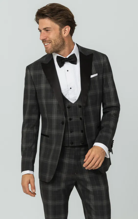 Grey Tartan Check 3 Piece Tuxedo with Peak Lapel Grey Tartan Check 3 Piece Tuxedo with Peak Lapel