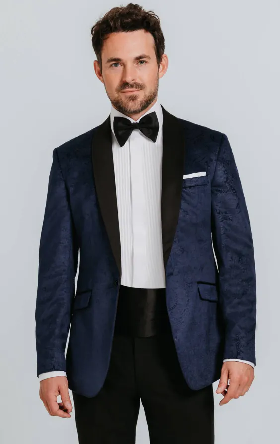 Navy Paisley Velvet Tuxedo with Black Trousers Navy Paisley Velvet Tuxedo with Black Trousers