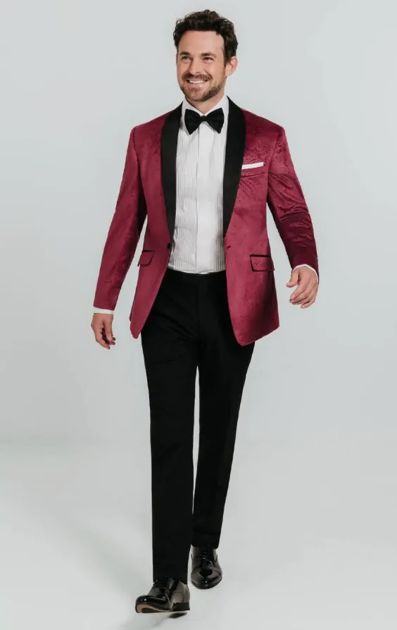Dobell Burgundy Paisley Velvet Tuxedo with Black Trousers Dobell