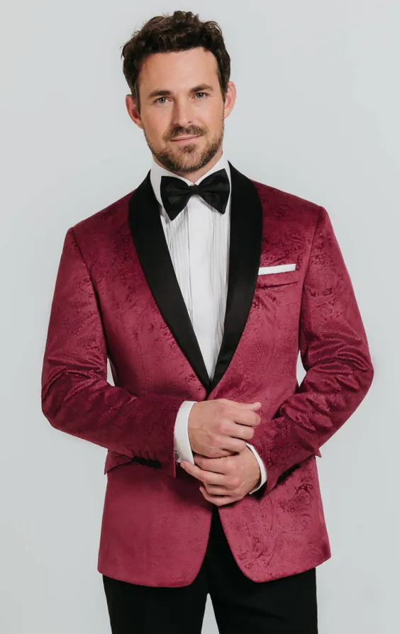 Burgundy Paisley Velvet Tuxedo with Black Trousers Burgundy Paisley Velvet Tuxedo with Black Trousers