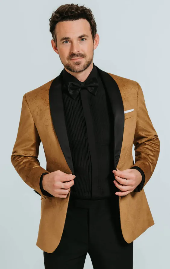Gold Paisley Velvet Tuxedo with Black Trousers Gold Paisley Velvet Tuxedo with Black Trousers