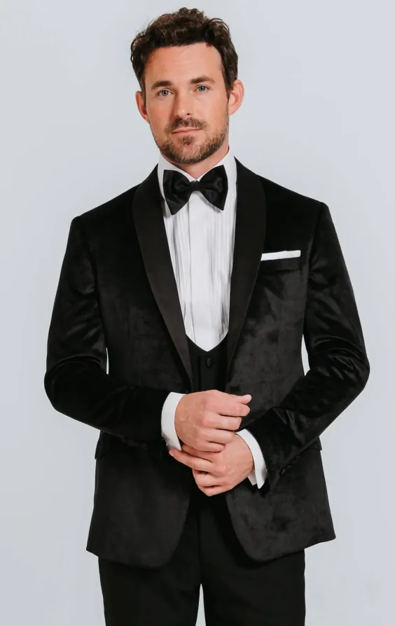 Dobell Black Slim Fit Velvet Tuxedo Dobell