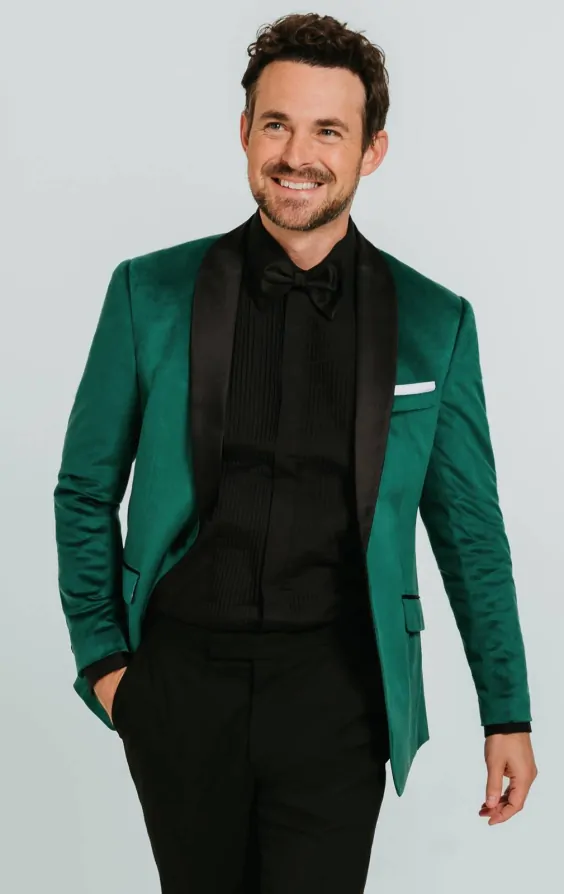 Dark Green Slim Fit Velvet Tuxedo with Black Trousers | Dobell