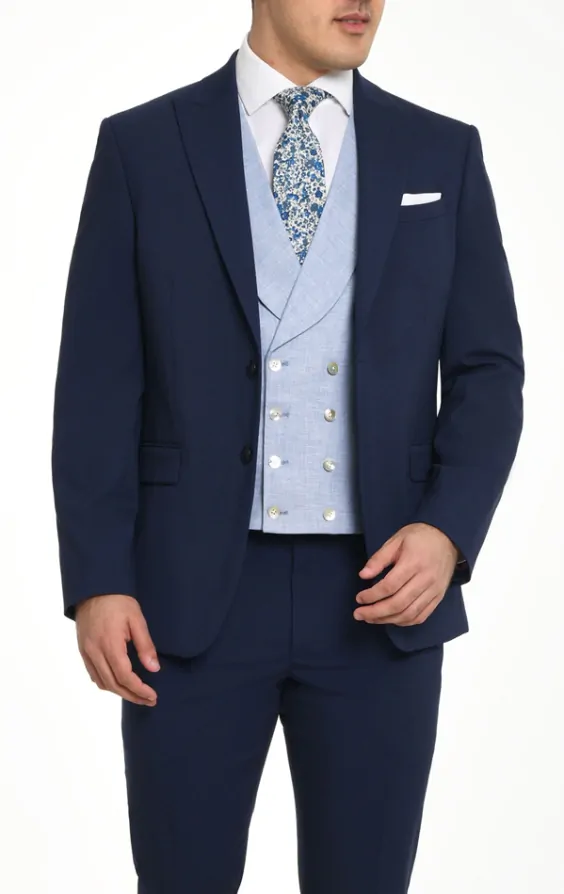 Dobell Light Blue Linen Double Breasted Shawl Lapel Morning Suit Vest Dobell