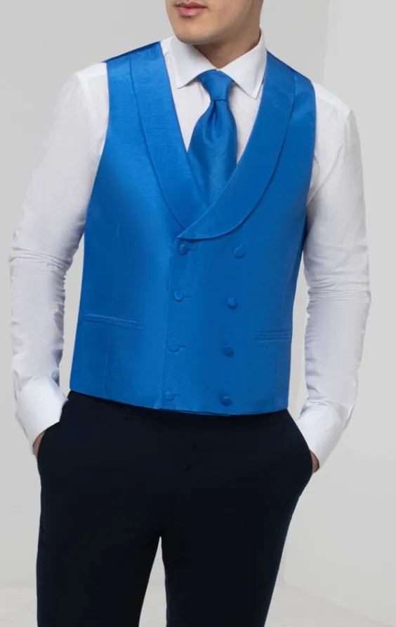 Royal Blue Dupion Double Breasted Vest with Shawl Lapel Royal Blue Dupion Double Breasted Vest with Shawl Lapel