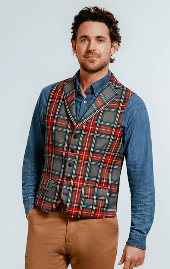Dobell Grey Tartan Check Waistcoat with Notch Lapel Dobell