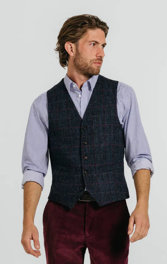 Harris Tweed Dark Blue Windowpane Check Tweed Vest Harris Tweed Dark Blue Windowpane Check Tweed Vest