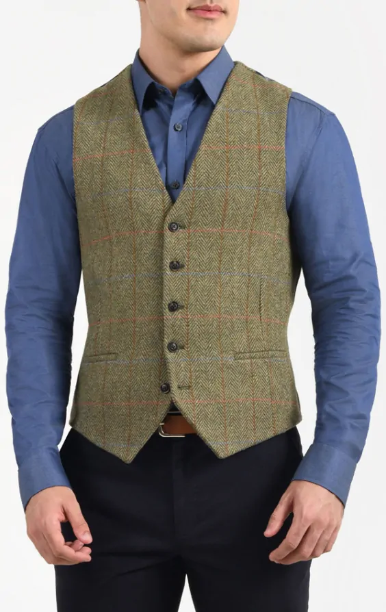Dobell Green Windowpane Check Wool Blend Tweed Vest Dobell