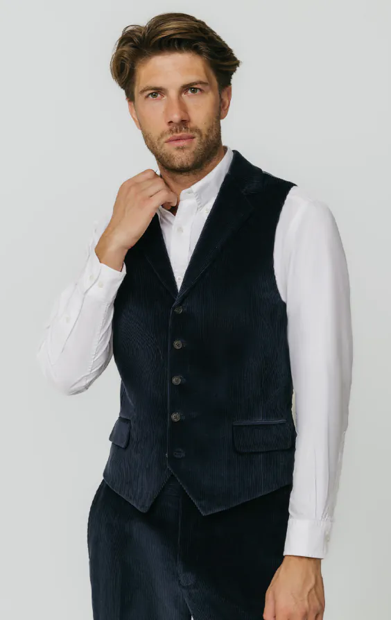 Navy Corduroy Vest with Notch Lapel