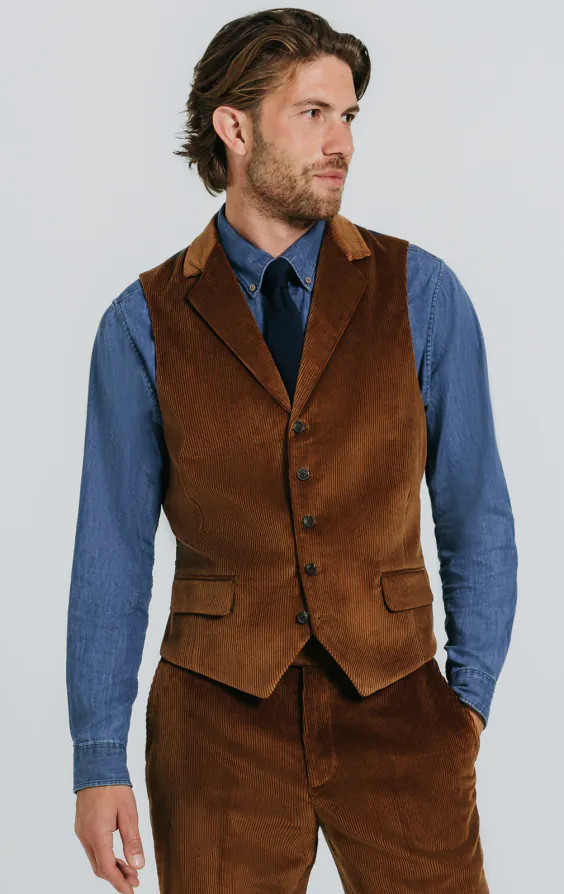 Mid Brown Corduroy Vest with Notch Lapel
