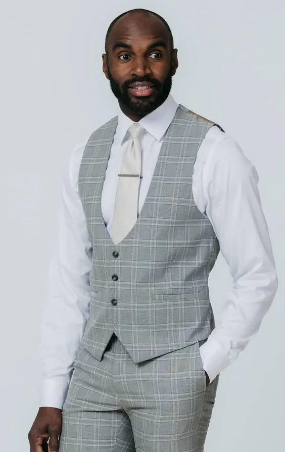 Grey with Tan Check Piece Suit with Peak Lapel Dobell