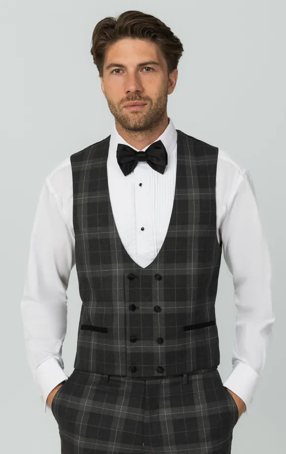 Grey Tartan Check Double Breasted Horseshoe Vest Grey Tartan Check Double Breasted Horseshoe Vest