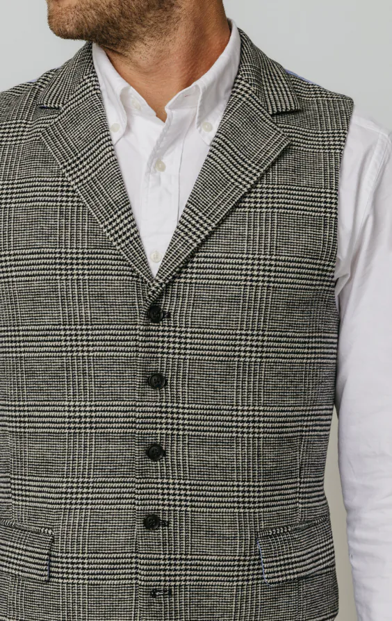 Black and Cream Prince of Wales Check Tweed Vest - photo 1