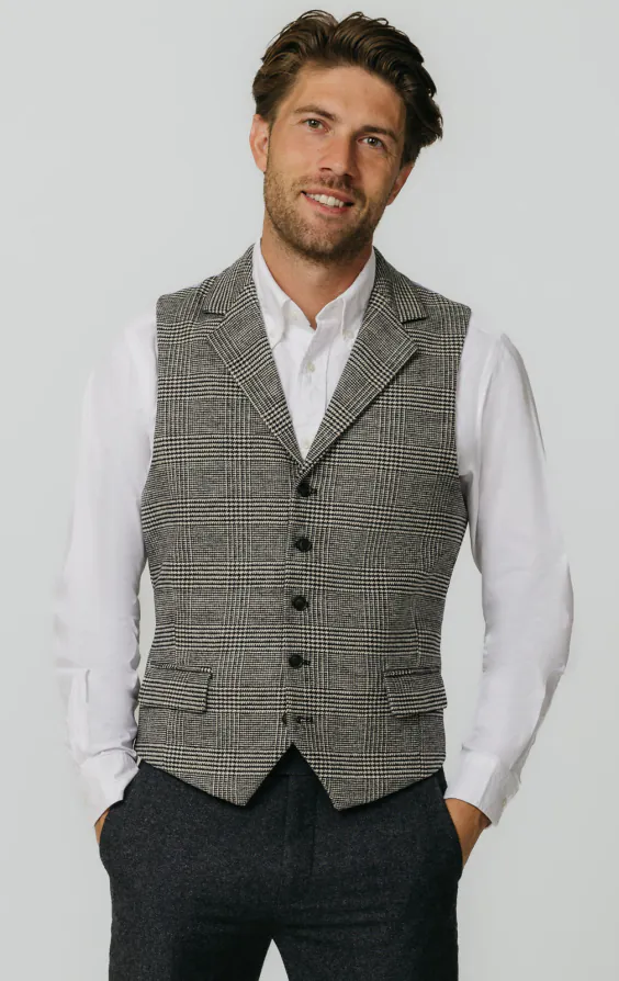 Black and Cream Prince of Wales Check Tweed Vest