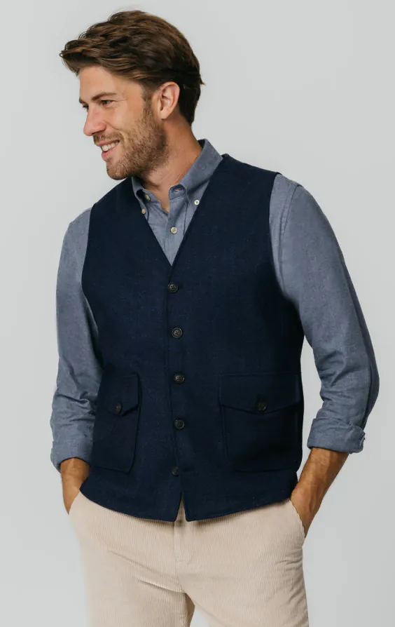 Navy Herringbone Tweed Vest with Patch Pockets Navy Herringbone Tweed Vest with Patch Pockets