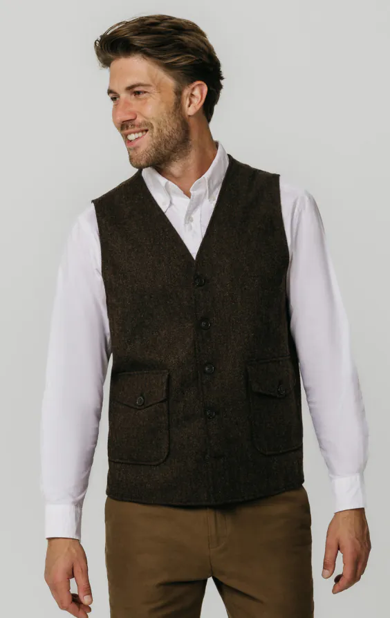 Brown Barleycorn Tweed Vest with Patch Pockets Brown Barleycorn Tweed Vest with Patch Pockets