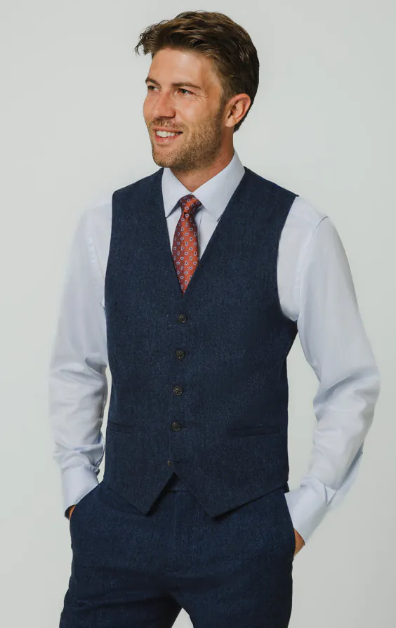 Blue Herringbone Tweed Vest
