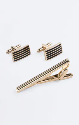 Gold and Black Coloured Rectangle Cufflinks and Tie Clip