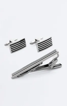 Silver and Black Coloured Rectangle Cufflinks and Tie Clip
