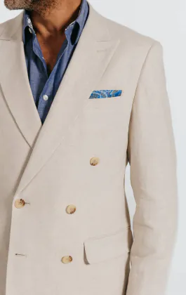 Oatmeal Linen Herringbone Double Breasted Suit Jacket with Peak Lapel