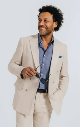 Oatmeal Linen Herringbone Double Breasted Suit Jacket with Peak Lapel