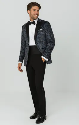 Blue Paisley Velvet Print Dinner Jacket with Peak Lapel