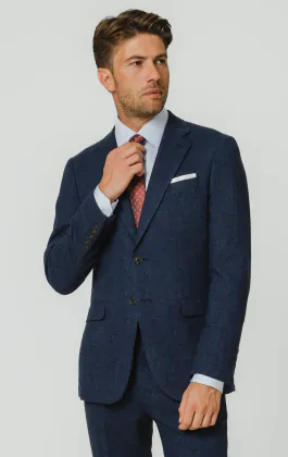 Blue Herringbone Tweed Suit Jacket