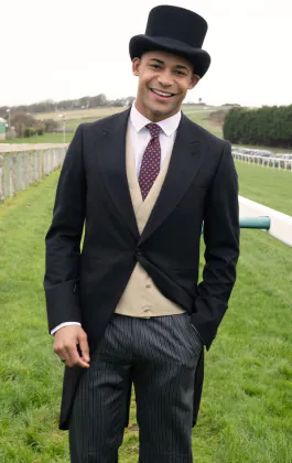 Black Wool Herringbone Morning Suit with Striped Trousers
