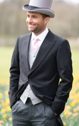 Dobell Black Herringbone Morning Suit with Striped Trousers