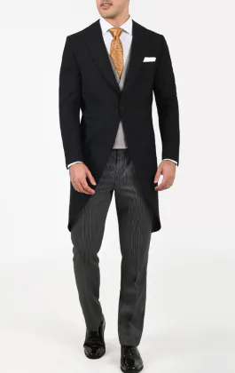 Black Wool Herringbone Morning Suit with Striped Trousers
