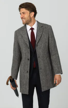 Harris Tweed Grey Herringbone Tweed Overcoat