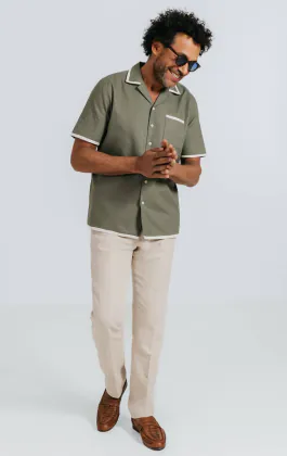 Khaki Linen Cuban Collar Shirt with Contrast Tipping