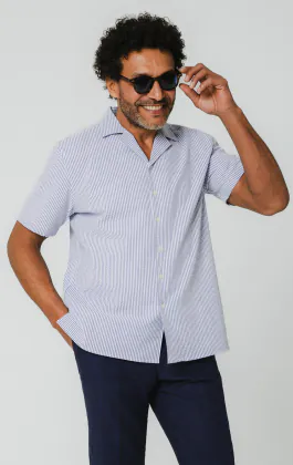 Blue & White Seersucker Cuban Collar Shirt