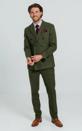 Double Breasted Green Windowpane Check Tweed Suit