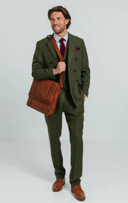 Double Breasted Green Windowpane Check Tweed 3 Piece Suit