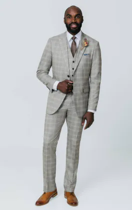 Taupe Check 3 Piece Suit with Peak Lapel
