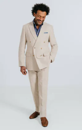 Oatmeal Linen Herringbone Double Breasted Suit with Peak Lapel