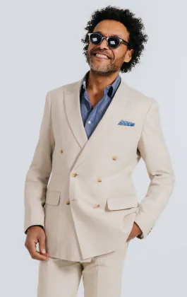 Oatmeal Linen Herringbone Double Breasted Suit with Peak Lapel