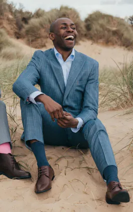 Light Blue Check Suit with Peak Lapel